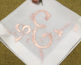 Vintage White Hanky with a Pink Satin Initial E - Handkerchief Hankie Bridal Wedding Shower Gift Bride