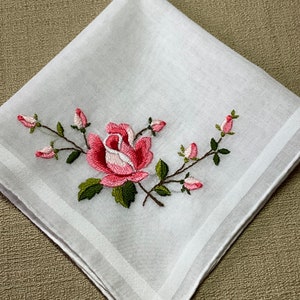 Vintage White Hanky with Embroidered Roses Handkerchief Hankie
