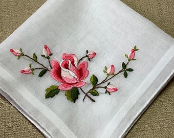 Vintage White Hanky with Embroidered Roses Handkerchief Hankie