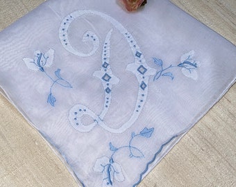 Vintage White Hanky with a Blue and White Initial D Handkerchief Hankie