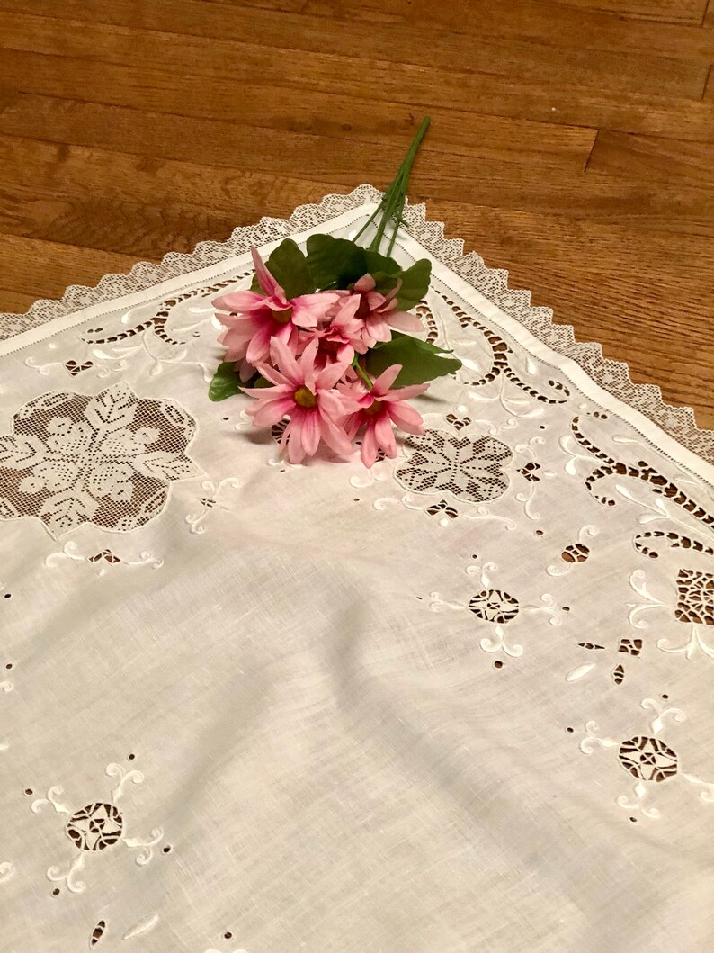 Antique Linen Dresser Scarf or Runner Doily with Embroidery and Needlework Inserts