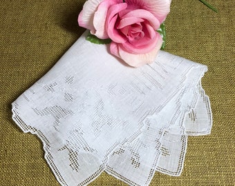 Vintage White Hanky with Embroidered Flowers and Handrolled Hem