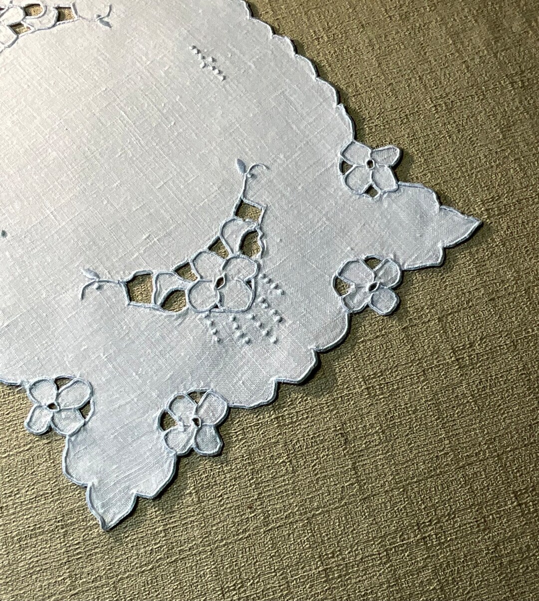 Vintage White Linen Dresser Scarf or Doily With Blue Hand Embroidery Etsy