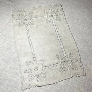 Vintage Off White Linen Dresser Scarf or Doily with Hand Embroidery