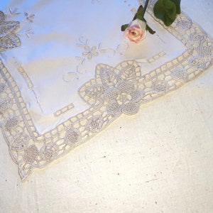 Vintage Ecru Linen Dresser Scarf or Doily Heavily Embroidered