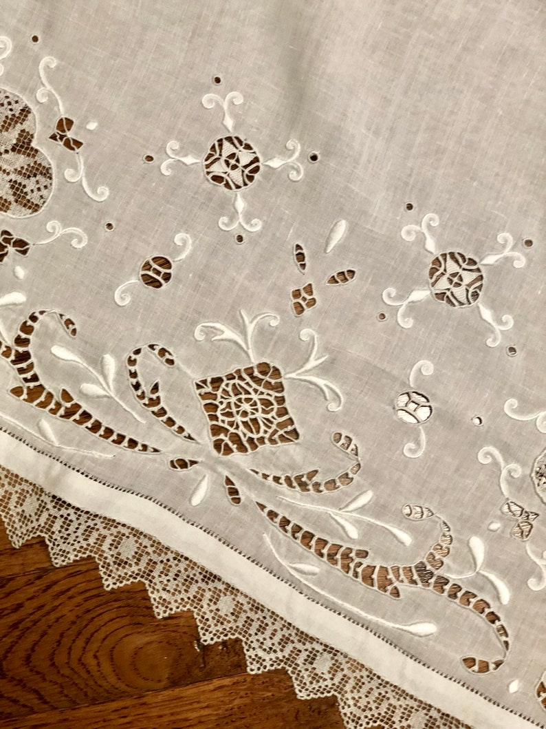 Antique Linen Dresser Scarf or Runner Doily with Embroidery and Needlework Inserts