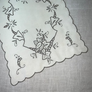 Vintage Ecru Linen Dresser Scarf or Doily with Lots of Embroidery