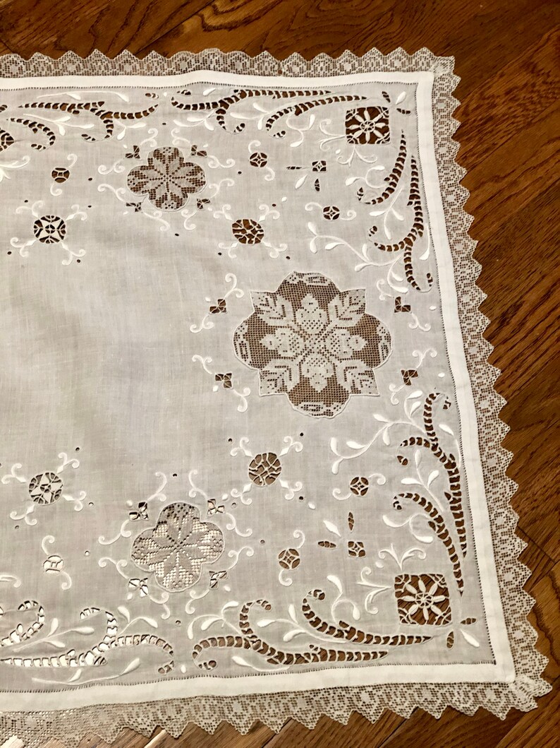 Antique Linen Dresser Scarf or Runner Doily with Embroidery and Needlework Inserts