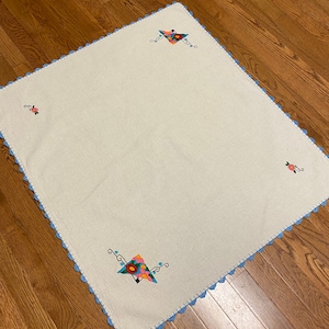 Vintage Tablecloth Made of Unbleached Muslin with Hand Stitched Flowers and Crocheted Lace Edging