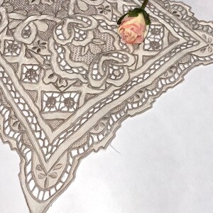 Vintage Ecru Linen Dresser Scarf or Doily Heavily Embroidered