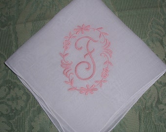 Vintage White Hanky with a pink Initial F - Handkerchief Hankie
