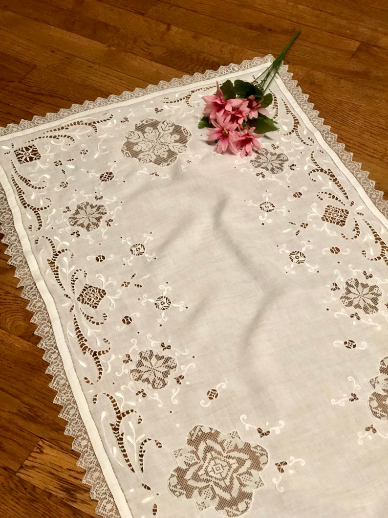 Antique Linen Dresser Scarf or Runner Doily with Embroidery and Needlework Inserts