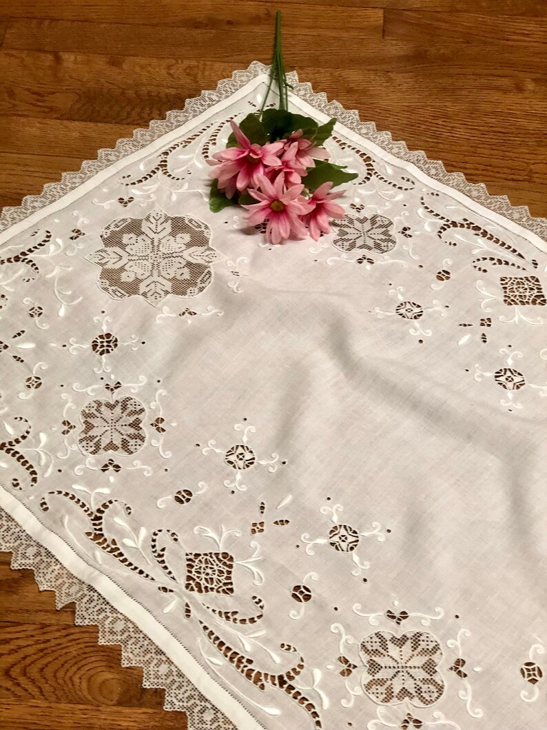 Antique Linen Dresser Scarf or Runner Doily with Embroidery and Needlework Inserts