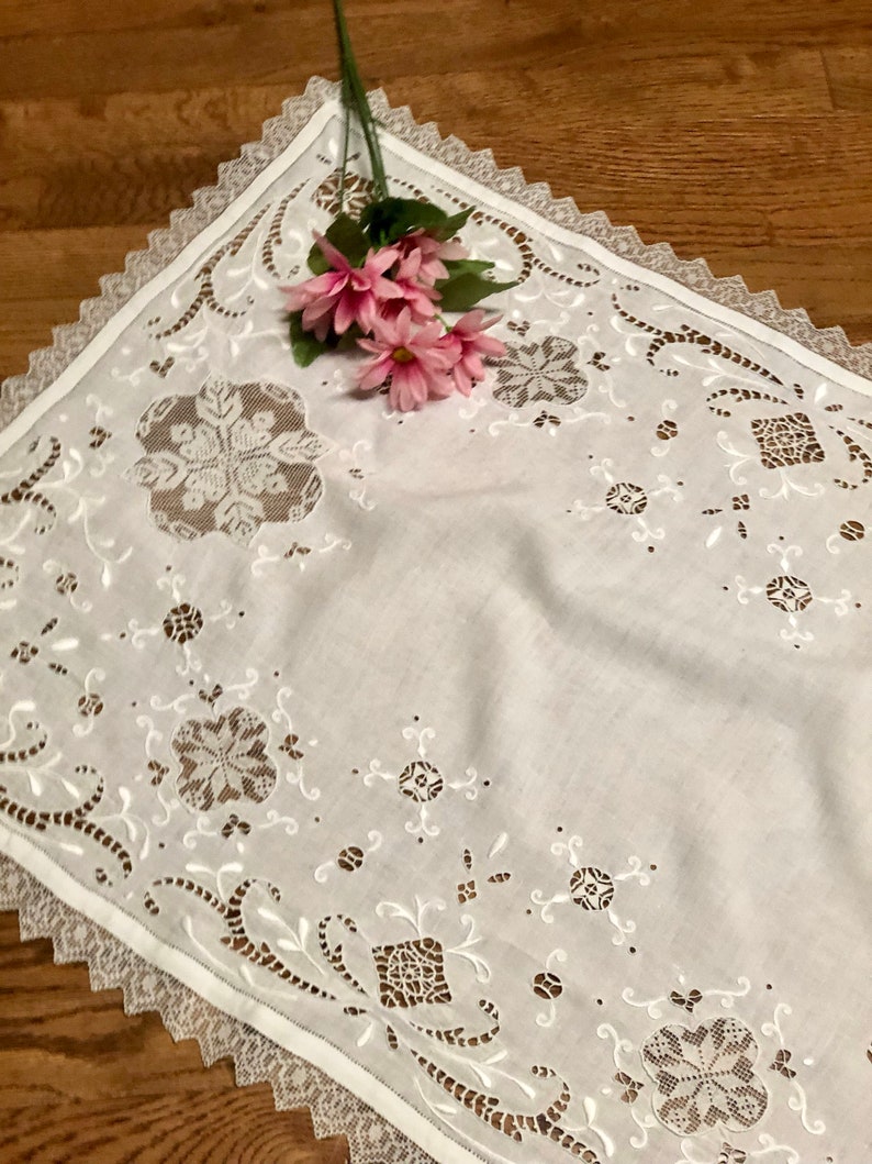 Antique Linen Dresser Scarf or Runner Doily with Embroidery and Needlework Inserts