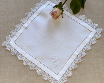 1 Antique Linen Initial Square Linen Doily With a Lace Edge