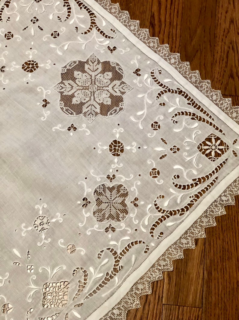 Antique Linen Dresser Scarf or Runner Doily with Embroidery and Needlework Inserts