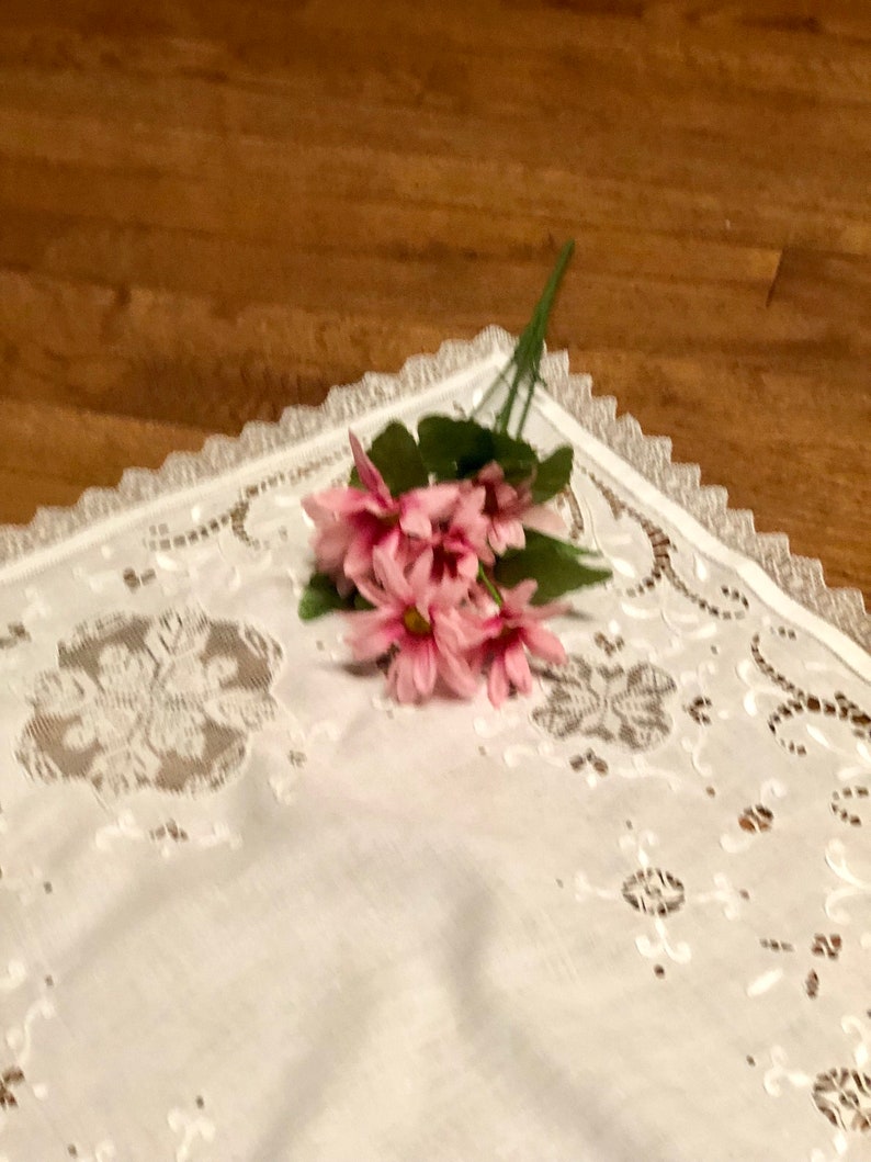 Antique Linen Dresser Scarf or Runner Doily with Embroidery and Needlework Inserts