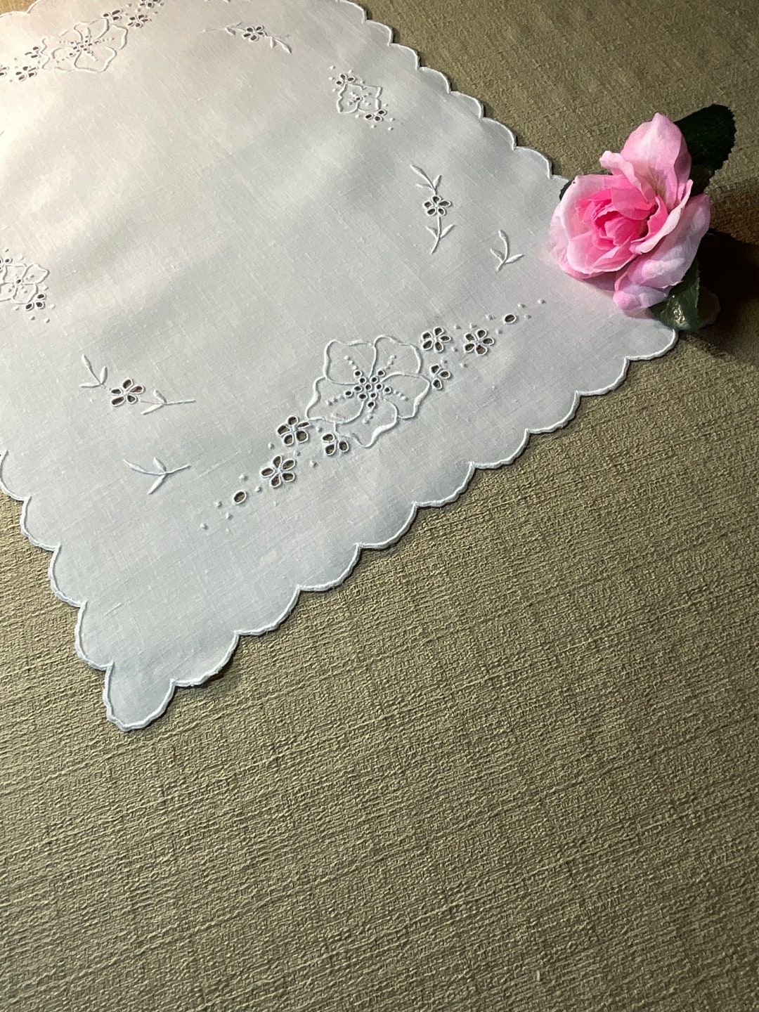 Vintage White Linen Dresser Scarf Doily With Hand Embroidery Etsy