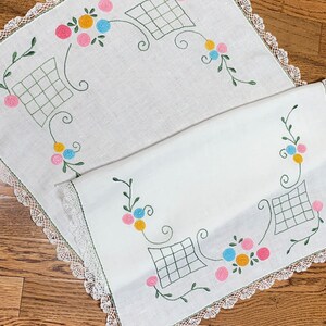 Vintage Long Dresser Scarf or Runner with Hand Embroidered Flowers