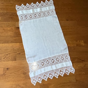 Antique Linen Runner Dresser Scarf or Doily with Handmade Crochet Lace on both Ends