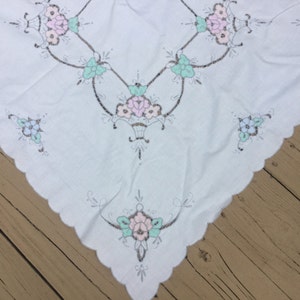 Vintage Linen Square Tablecloth with Embroidery - 1950s