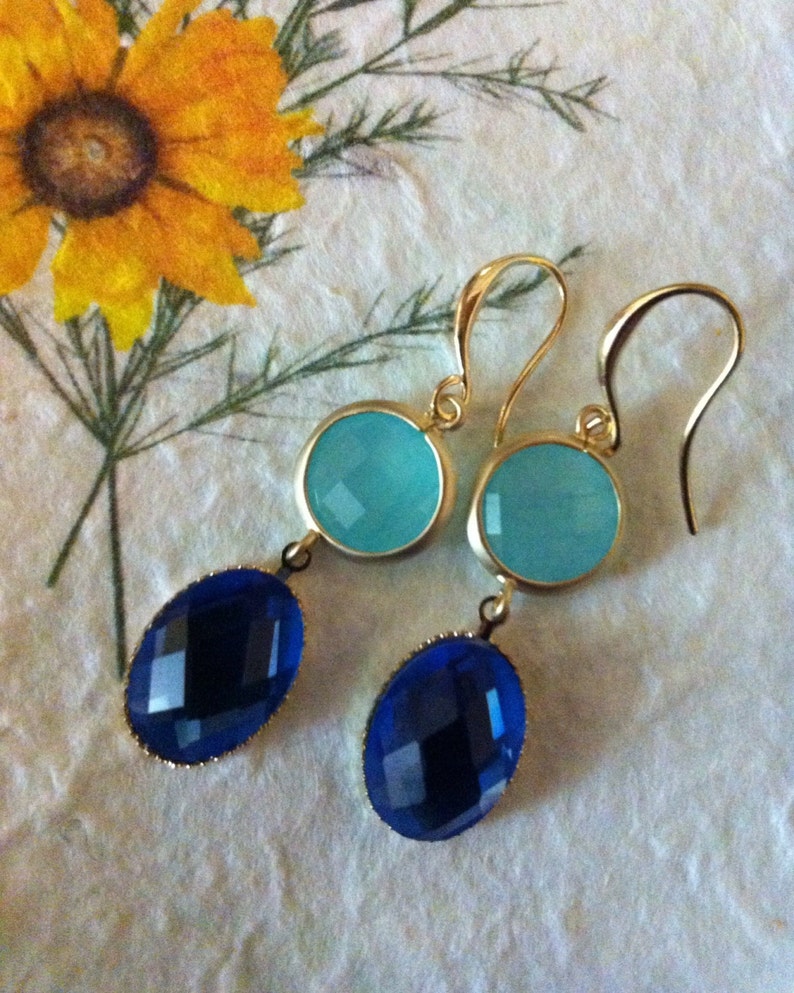 Sapphire glass with mint on gold plated brass earrings Etsy