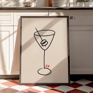 Vuile martini-print | Muurkunst martiniglas | Leuke poster met drankje op barwagen | Funky keukenkunst | Handgetekende illustratie