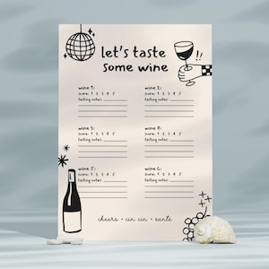 Puede incluir: Una hoja de cata de vinos beige con ilustraciones y texto en negro. El texto dice "let's taste some wine" e incluye espacios para notas de cata y puntuaciones. Elementos decorativos: bola de discoteca, copa de vino y botella.
