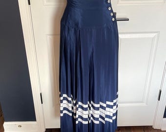 Vintage 80s Liz Claiborne Pleated Silky Navy Blue Midi Skirt Striped Border Sz 8