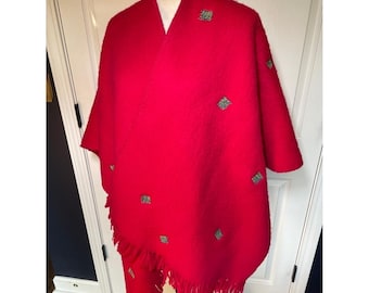 Vintage Bright Pink Wool Fringe Cape Blue Yellow Appliqués Upcycled One Size