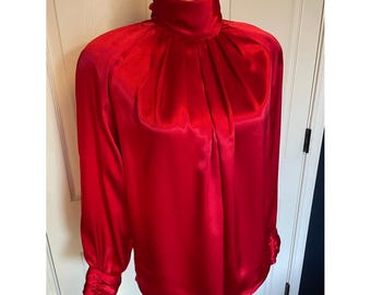 Vintage Mikado Red Satin High-Neck Long Sleeve Blouse Size 6