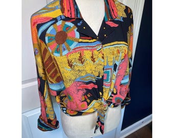 Vintage Carole Little Multi Color Abstract Print Tie-Front Button Shirt Size 8