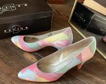 ヴィンテージ デリソ アブストラクトプリント パステルカラー パンプス サイズ7.5