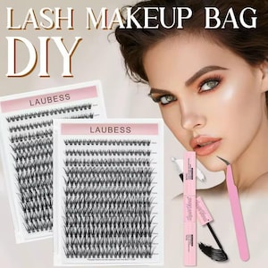 Könnte beinhalten: Das Bild zeigt eine DIY-Wimpern-Make-up-Tasche. Es zeigt zwei Wimpernverlängerungs-Tabletts mit der Aufschrift "LAUBESS", eine rosa Mascaratube, einen Wimpernapplikator und eine geschminkte Frau. Der Text "LASH MAKEUP BAG DIY" steht oben.