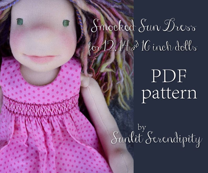 Waldorf Doll Smocked Sun Dress PDF Pattern 12 14 16 Doll Sewing Pattern PDF image 1