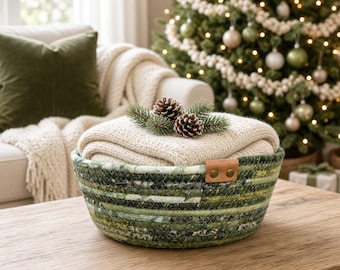 Olive Green Coiled Rope Basket Handmade Olive and Gold Fabric Rope Bowl Decorative Christmas Storage Basket