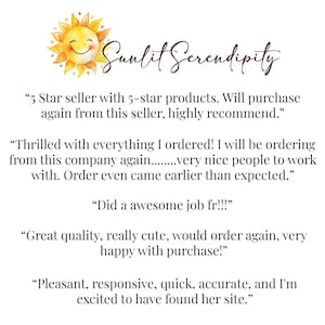 K&ouml;nnte beinhalten: Eine Grafik mit einer gelben Aquarell-Sonnenillustration und dem Text Sunlit Serendipity, gefolgt von f&uuml;nf Kundenbewertungen, die den Verk&auml;ufer f&uuml;r die hohe Produktqualit&auml;t, den schnellen Versand und den exzellenten Service loben.