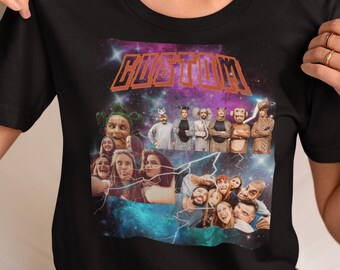 May include: Black t-shirt with a custom design featuring a collage of photos of people with the word "CUSTOM" in a stylized font above the collage.