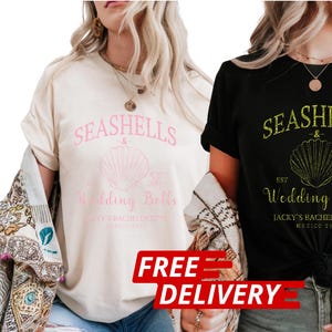 Seashells and Wedding Bells Bachelorette Shirt, Custom Bride Name Location, Coastal Beach Bach Party, Bridesmaids Matching, Glitter Tshirts