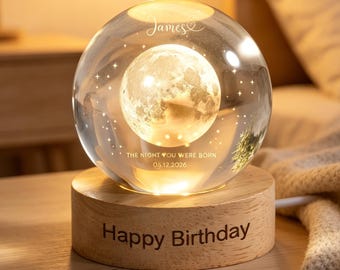 Personalized Moon Crystal Ball Night Light,The Night You Were Born Moon Lamp,Moon Phase by Date,Birthday Gift For Her Him,Baby Shower Gift
