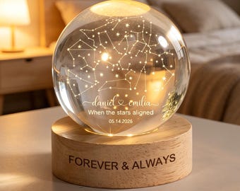 Personalized Star Map Crystal Ball Night Light,Anniversary Gift For Couple,Custom Couple Names & Date Lamp,Night Sky By Date LED Light