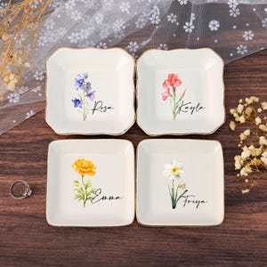 Geburts-Blumen-Schmucksachen Schale mit Namen, kundenspezifische Freundschaft Trinket-Teller, Mädchen-Frauen-Schmuckschale, Brautparty-Geburtstags-Hochzeits-Gastgeschenk