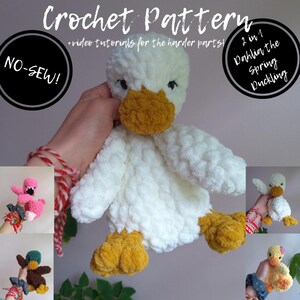May include: Crochet pattern for a white and yellow spring duckling amigurumi toy. The pattern includes video tutorials for the harder parts and is no-sew. The pattern is called "Dahlia the Spring Duckling".
