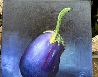 ナスの絵画 – 手描きのアクリル画 30 x 30 cm、リアルな野菜の静物画