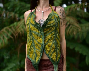 Felt Woodland Vest-Nymph Top-Pixie Leaf Vest-Fairy Leaf Halter Vest-Woodland Top-Felt Tree Costume-Fantasy Costume-Halter Leaf Top OOAK