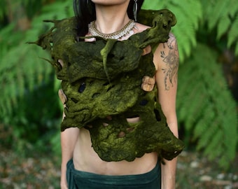 Felt Pixie Vest-Woodland Top- Forest Costume-Festival Wear-Nymph Out Fit-Wool Vest-Elf Top-Burning Man-Tree Costume-Wearable Art- OOAK