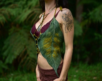 Felt Woodland Vest-Nymph Top-Pixie Leaf Vest-Fairy Leaf Halter Vest-Woodland Top-Felt Tree Costume-Fantasy Costume-Halter Leaf Top OOAK