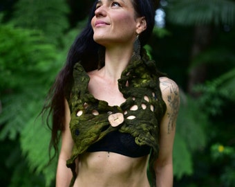 Felt Pixie Vest-Woodland Top- Forest Costume-Festival Wear-Nymph Out Fit-Wool Vest-Elf Top-Burning Man-Tree Costume-Wearable Art- OOAK