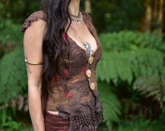 Nuno Felted Vest – Silk, Wool, Vintage Doily Accents, Woodland Fairy Top