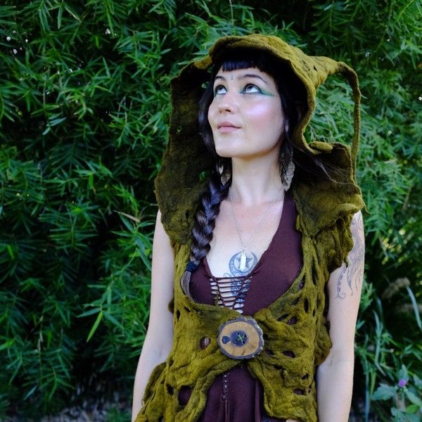 RESERVED for Emma N - Not For Sale - Felt Melted Tree Roots Woodland Nymph Princess Of The Forest Moss Green Vest With Pixie Hood OOAK